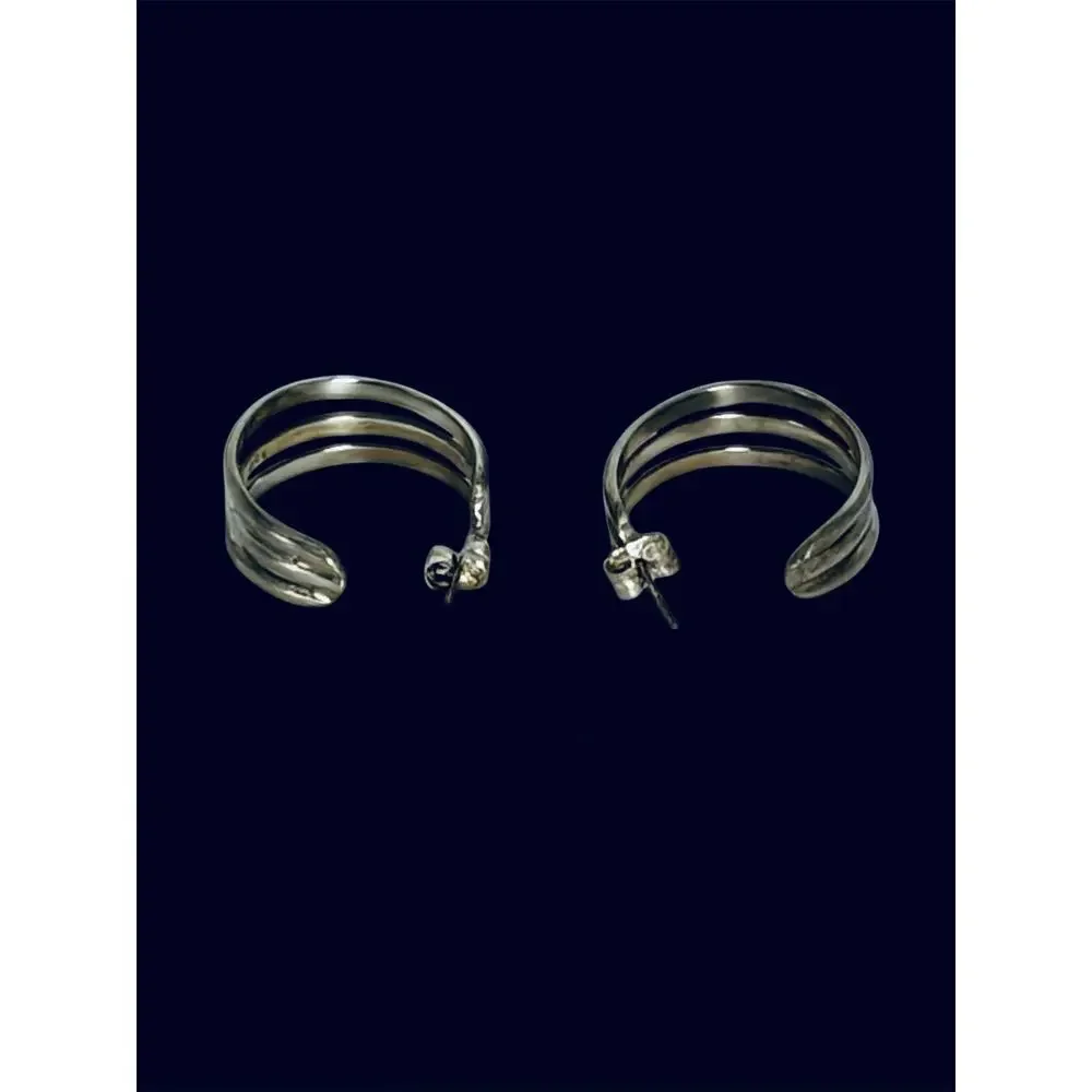 950 Sterling Silver Triple Wave Hoop Earrings 10.7g Modernist Peru NOS Unworn